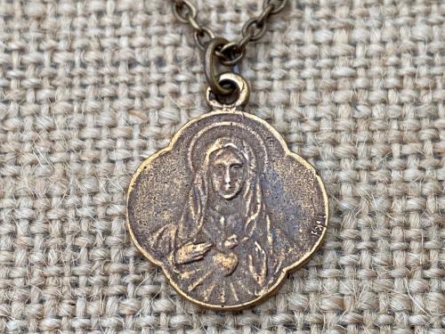 Bronze Immaculate Heart of Mary, French Antique Replica, Medal Pendant & Necklace, Scalloped Rare Mary Medal, Consecration to Mary's Heart