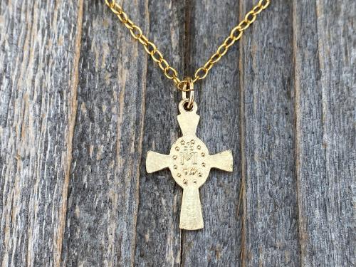 Petite Gold Miraculous Medal Cross Pendant Necklace, Antique Replica, Blessed Virgin Mary, Our Lady of Lourdes, Small Miraculous Medal Cross
