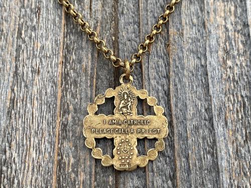 Antique Gold 5-Way Cross Medal, Antique Replica, Pendant Necklace, 4-Way Catholic Medal, Border of Hearts, Holy Spirit Dove Center, Unusual