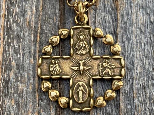 Antique Gold 5-Way Cross Medal, Antique Replica, Pendant Necklace, 4-Way Catholic Medal, Border of Hearts, Holy Spirit Dove Center, Unusual
