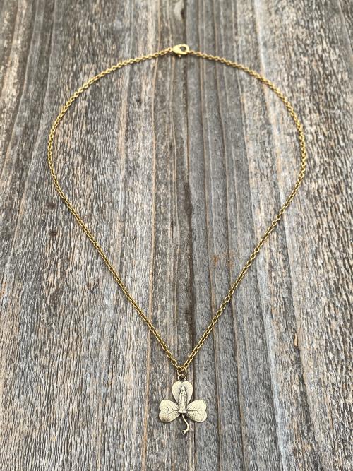 Antique Gold Mary Shamrock Pendant (Antique Replica from Lourdes France) Medal Necklace, Our Lady of Lourdes on Shamrock Pendant, Irish Gift
