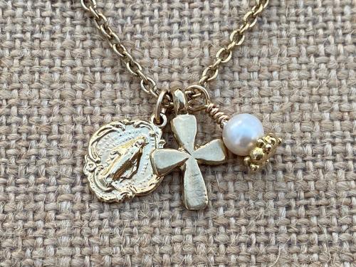 Gold Miraculous Medal Charm Cluster Pendant Necklace, Antique Replica, Dangling Cross, White Freshwater Pearl, Boho Miraculous Necklace MM3