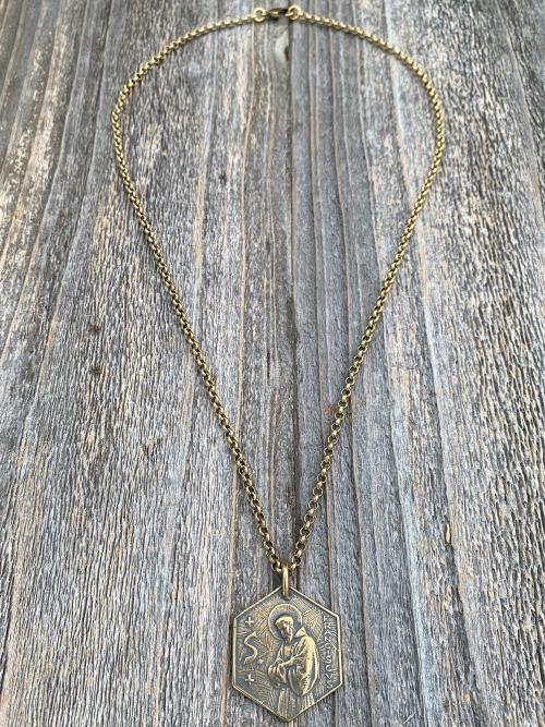 Large Bronze Saint Francis of Assisi Blessing Prayer Medal, Italian Antique Replica, Pendant Necklace, Hexagon-Shaped Big Medal from Italy