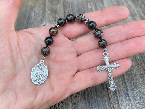 Chaplet of St Saint Peregrine, Sterling Silver Antique Replica Medal and Crucifix, Fossil Coral Gemstones, Patron Saint of Cancer Patients