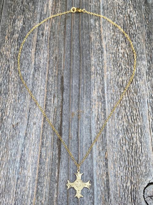 Gold Sacred Heart of Jesus Cross Medal Pendant Necklace, French Antique Replica, IHS Sacre Coeur de Jesus, Apostolat du Coeur de Jesus,