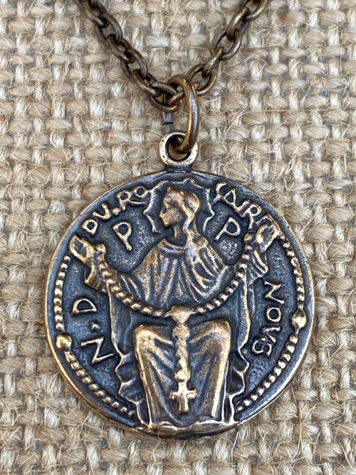 Bronze Notre Dame du Rosaire, Our Lady of the Rosary Pray for Us, Antique Replica, Medal Pendant Necklace, French Art Nouveau Marian Medal