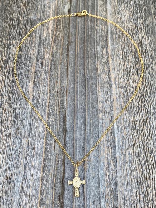 Petite Gold Miraculous Medal Cross Pendant Necklace, Antique Replica, Blessed Virgin Mary, Our Lady of Lourdes, Small Miraculous Medal Cross