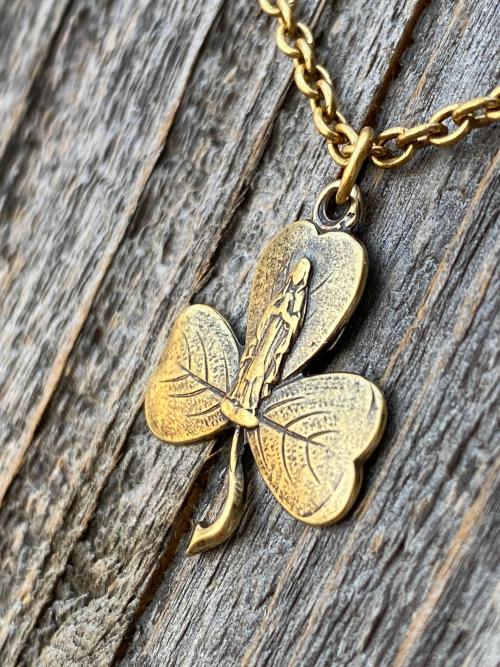 Antique Gold Mary Shamrock Pendant (Antique Replica from Lourdes France) Medal Necklace, Our Lady of Lourdes on Shamrock Pendant, Irish Gift