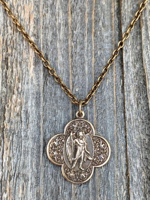 Bronze St Raphael the Archangel, Angel of Healing, Antique Replica Medal and Necklace, Preserve Us From Ill Health And All Danger To Life