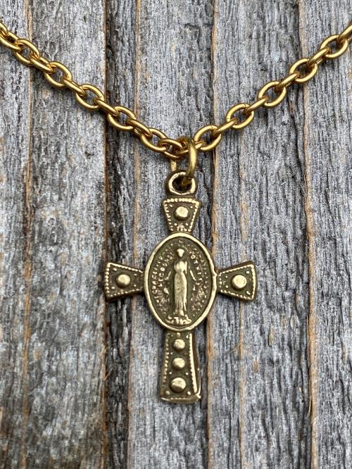 Antique Gold Miraculous Medal Cross Pendant Necklace, Antique Replica, Our Lady of Miracles, Our Lady of the Miracle, Blessed Virgin Mary