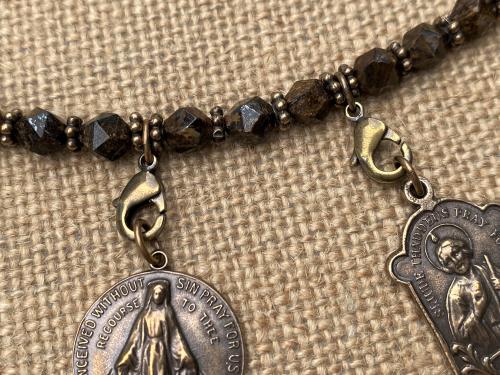 Bronzite Gemstone Loop with Lobster Clasps to Attach Bronze Medals, Crosses and Crucifixes, Keychain for Medals, Prayer Organizer for Medals