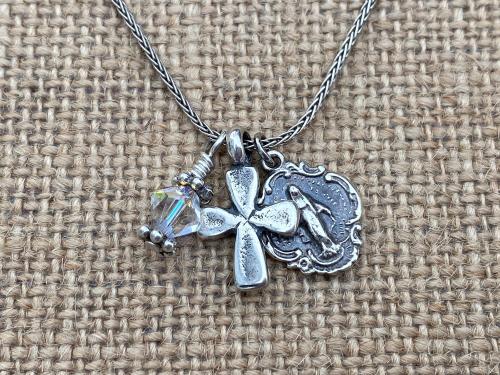 Sterling Silver Miraculous Medal Charm Cluster Pendant Necklace, Antique Replica, Dangling Cross, Swarovski Crystal, Blessed Virgin Mary MM3