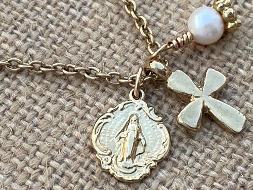 Gold Miraculous Medal Charm Cluster Pendant Necklace, Antique Replica, Dangling Cross, White Freshwater Pearl, Boho Miraculous Necklace MM3