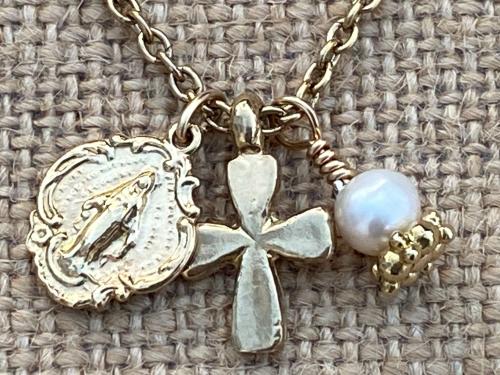 Gold Miraculous Medal Charm Cluster Pendant Necklace, Antique Replica, Dangling Cross, White Freshwater Pearl, Boho Miraculous Necklace MM3