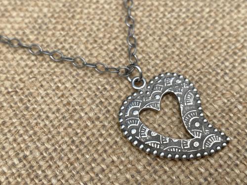 Sterling Silver Milagro Heart Pendant Necklace, Antique Replica, Mexican Milagro Heart, 18 inch sterling chain, Oxidized Heart Necklace
