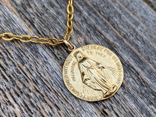 Gold Round Miraculous Medal Pendant, Antique Replica, On Heavier Textured Cable Chain Necklace, Immaculate Blessed Virgin Mary Pendant, MM2