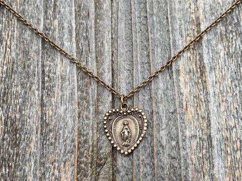 Bronze Miraculous Medal Pendant Necklace, Heart Shaped Miraculous Medal, Antique Replica, Rare Medal minted 1930 Centennial, Virgin Mary M4