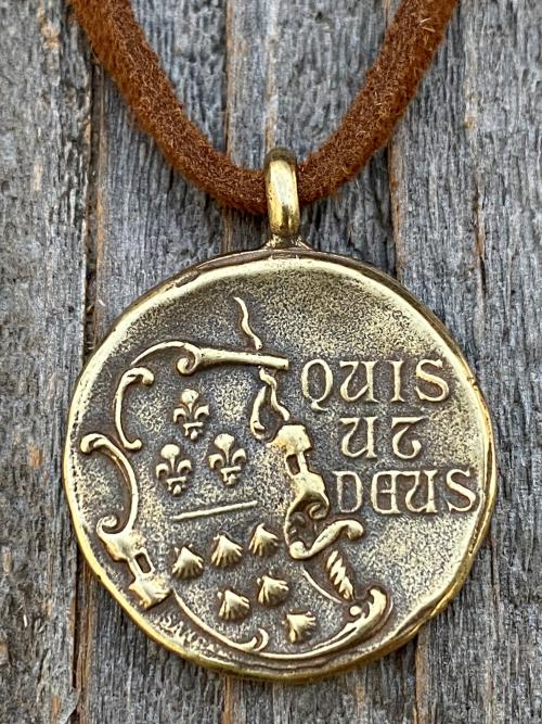 Antique Gold St Michael Latin Medal and Necklace, French Antique Replica, Saint Michael the Archangel, St Michel, Protection against Satan