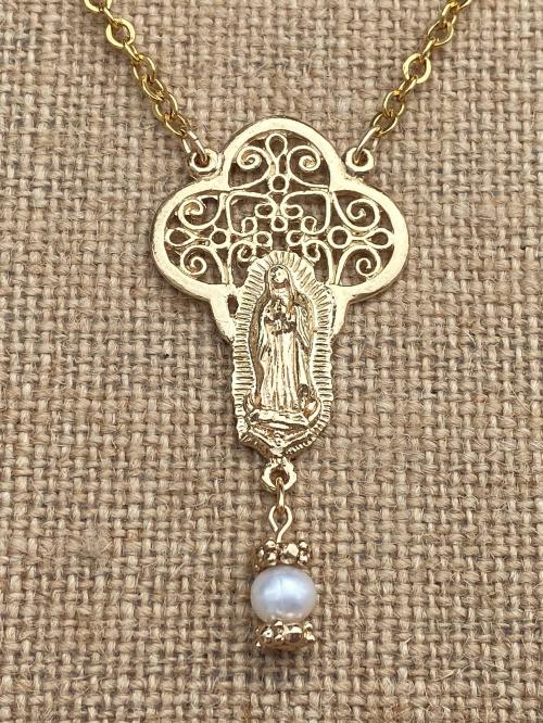 Gold Our Lady of Guadalupe Necklace with a Freshwater White Pearl Dangle, Antique Replica, Nuestra Señora de Guadalupe, Virgin of Guadalupe
