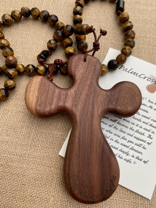 Large Walnut Palm Cross and Yellow Tigereye Gemstone Rosary,  Hand-carved byRon PalmCross Crucifix, Big Comfort Cross Rosary, Couples Rosary