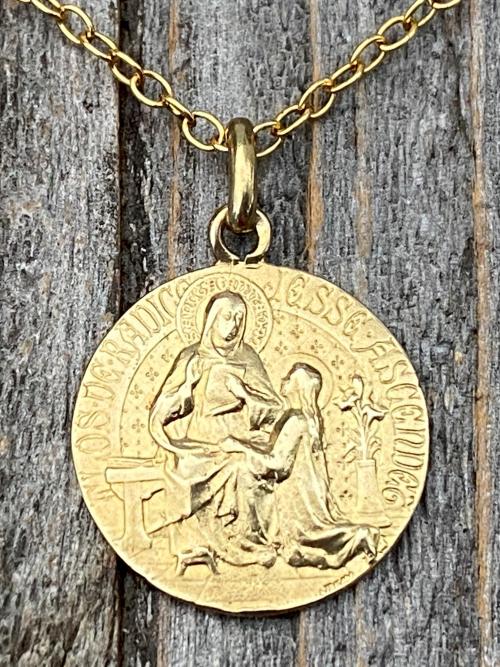 Gold Saint Anne Medal Pendant Necklace, French Antique Replica, Artist Tricard, Patron Saint of Grandmothers, St Anne Medallion, Gold Bronze
