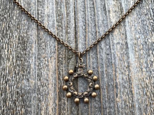 Bronze Rose Themed, Finger Rosary Ring, Necklace, French Antique Replica, Rosary Ring Pendant, Cross with Roses, Bronze Dizainier on Chain