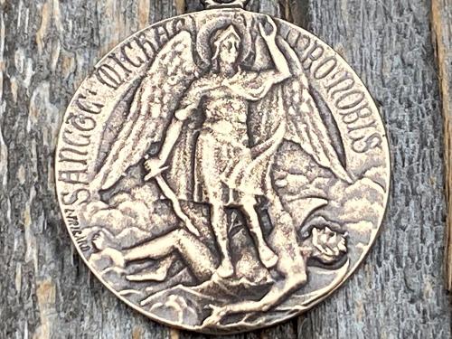 Bronze St Michael Medal Pendant Necklace, Rare French Antique Replica, Artist Tricard, Sancte Michael Ora Pro Nobis, St Michael Pray for Us