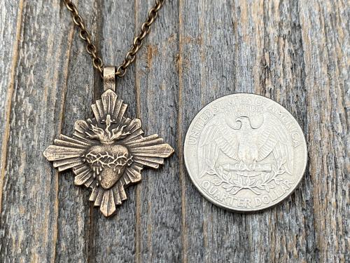 Bronze Sacred Heart Pendant and Necklace, French Antique Replica, Radiant Sacred Heart Medal, Large Sacred Heart of Jesus Pendant, Stunning!