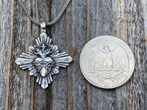 Sterling Silver Sacred Heart Pendant and Necklace, French Antique Replica, Radiant Sacred Heart Medal, Large Sacred Heart of Jesus Pendant