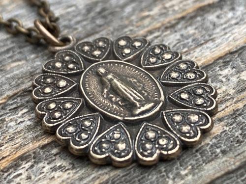 Bronze Miraculous Medal Pendant Necklace, Heart Border, Antique Replica, Blessed Virgin Mary Medallion, Immaculate Virgin Mary Pendant, MM5