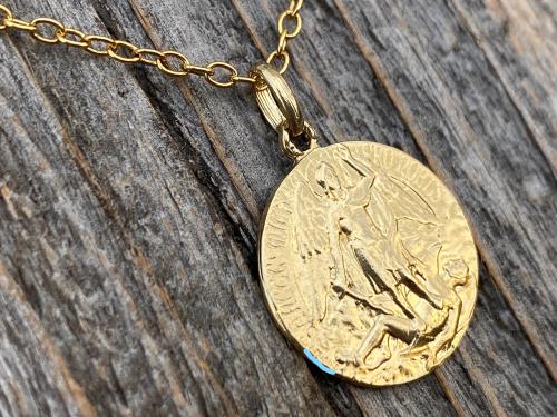 14K, 10K, Gold Bronze St Michael the Archangel Medallion Pendant & Necklace, Antique Replica Rare French Latin Medal signed by Tricard M2