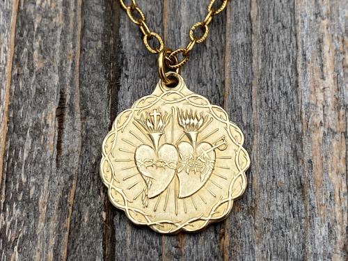 Gold Sacred Heart of Jesus and Immaculate Heart of Mary Medal Pendant Necklace, Antique Replica, Twin Hearts Medal Pendant, Catholic Medal