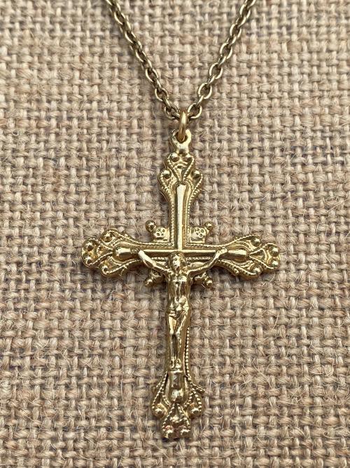 Gold Crucifix Pendant, Antique Replica, Gold Crucifix Necklace, Elegant Vintage Crucifix, Cable Chain Necklace, Dressy Gold Crucifix Pendant