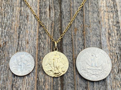 14K, 10K, Gold Bronze St Michael the Archangel Medallion Pendant & Necklace, Antique Replica Rare French Latin Medal signed by Tricard M2