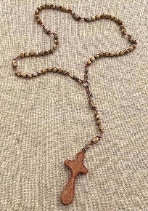 Large Rosary, Australian Lacewood Comfort Cross, Palm Cross, Bronze Beads, Picture Jasper Gemstones, Oversized Rosary, Wall Rosary, Heirloom