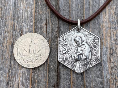 Large Sterling Silver Saint Francis of Assisi Blessing Prayer Medal, Italian Antique Replica, Pendant Necklace, Hexagon-Shaped Big Medal 925