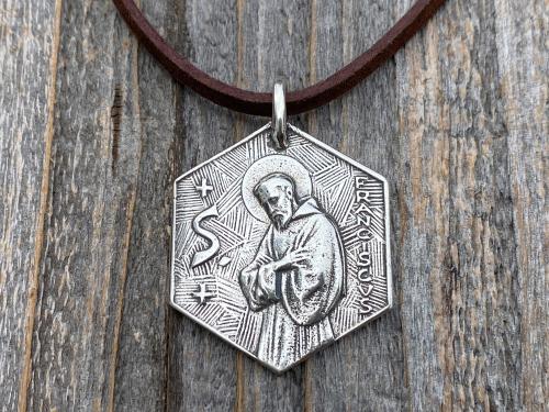 Large Sterling Silver Saint Francis of Assisi Blessing Prayer Medal, Italian Antique Replica, Pendant Necklace, Hexagon-Shaped Big Medal 925