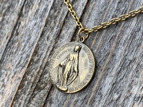 Antique Gold Round Miraculous Medal Pendant Necklace, Antique Replica, Miraculous Medallion, Blessed Virgin Mary Pendant, Lady of Grace, MM2