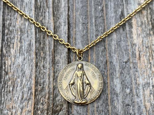 Antique Gold Round Miraculous Medal Pendant Necklace, Antique Replica, Miraculous Medallion, Blessed Virgin Mary Pendant, Lady of Grace, MM2