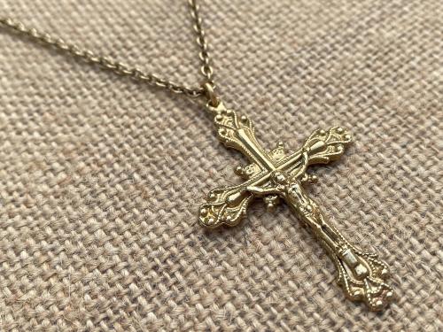 Gold Crucifix Pendant, Antique Replica, Gold Crucifix Necklace, Elegant Vintage Crucifix, Cable Chain Necklace, Dressy Gold Crucifix Pendant