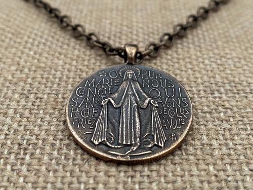 Bronze French Miraculous Medal Pendant, Adjustable Length Necklace, Antique Replica, Blessed Virgin Mary Medal,  Medallion from France, MM1