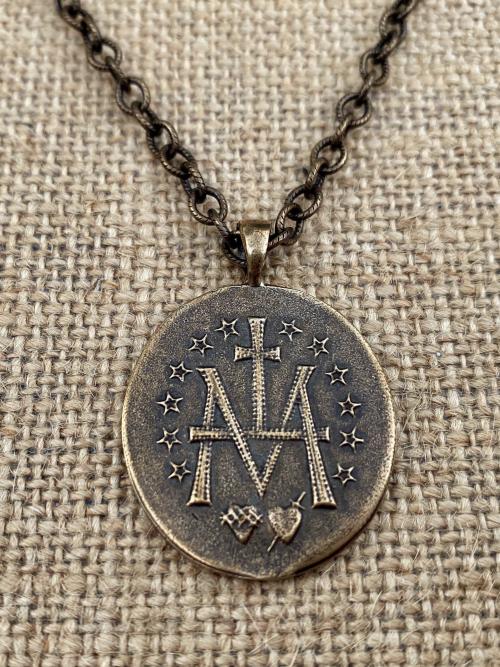 Bronze French Miraculous Medal Pendant, Adjustable Length Necklace, Antique Replica, Immaculate Conception, Large Miraculous Medallion, MM1