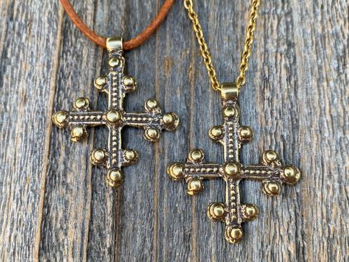 Antique Gold Coptic Trinity Cross Pendant, Gold Chain or Leather Cord Necklace, Antique Replica from 19th C, Large Christian Cross Pendant