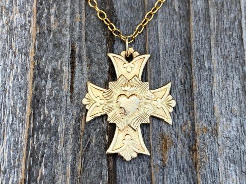 Gold Most Sacred Heart of Jesus Cross Medal Pendant Necklace, Antique Replica, Sacred Heart Devotion, Consecration to the Sacred Heart, Gift
