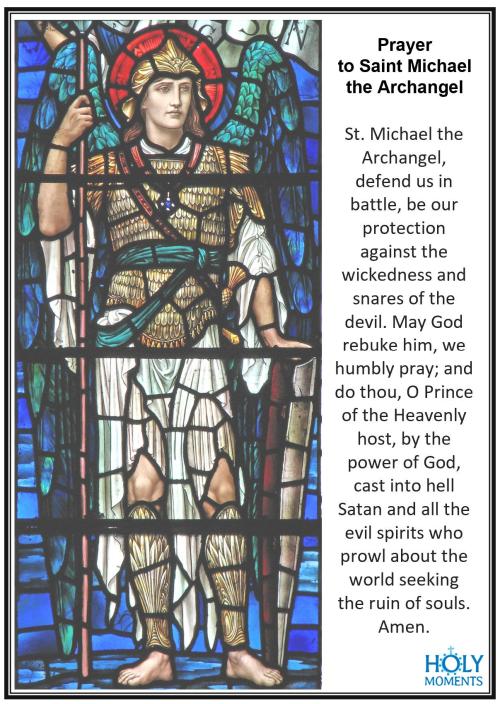 Holy Moments Prayer Card with a stained glass image of St Michael along with the Prayer to St Michael the Archangel