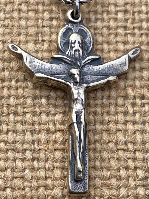 Sterling Silver Trinity Crucifix Pendant Necklace, Antique Replica, Father Son and Holy Spirit 3-in-1 Crucifix, Latin "A HERI HODIE SEMPER"