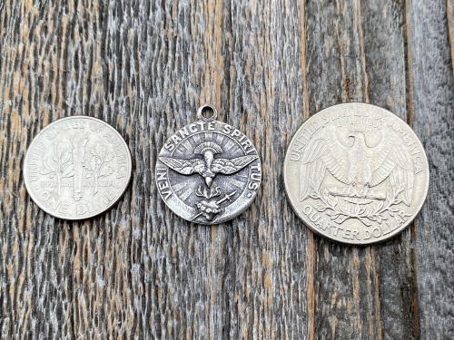Sterling Silver Come Holy Ghost Medal, Holy Spirit Pendant Necklace, Antique Replica, Sacred Heart of Jesus, Veni Sancte Spiritus, VSS-1