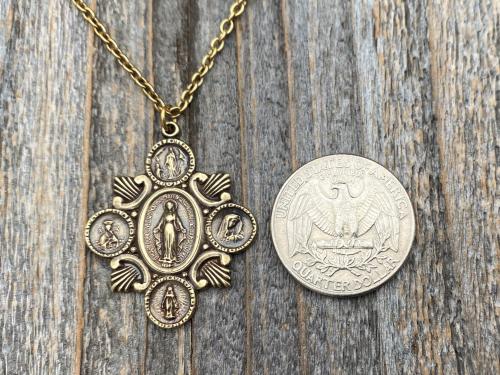 Antique Gold Miraculous Medal Pendant Necklace, 5-Way Marian Devotions Medallion, Antique Replica, Rare Blessed Virgin Mary Miraculous
