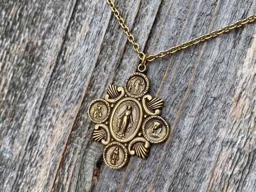 Antique Gold Miraculous Medal Pendant Necklace, 5-Way Marian Devotions Medallion, Antique Replica, Rare Blessed Virgin Mary Miraculous