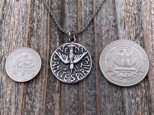 Sterling Silver Holy Spirit Medal Pendant Necklace, Antique Replica, Latin, Veni Sancte Spiritus, Come Holy Spirit, Descending Dove Pendant